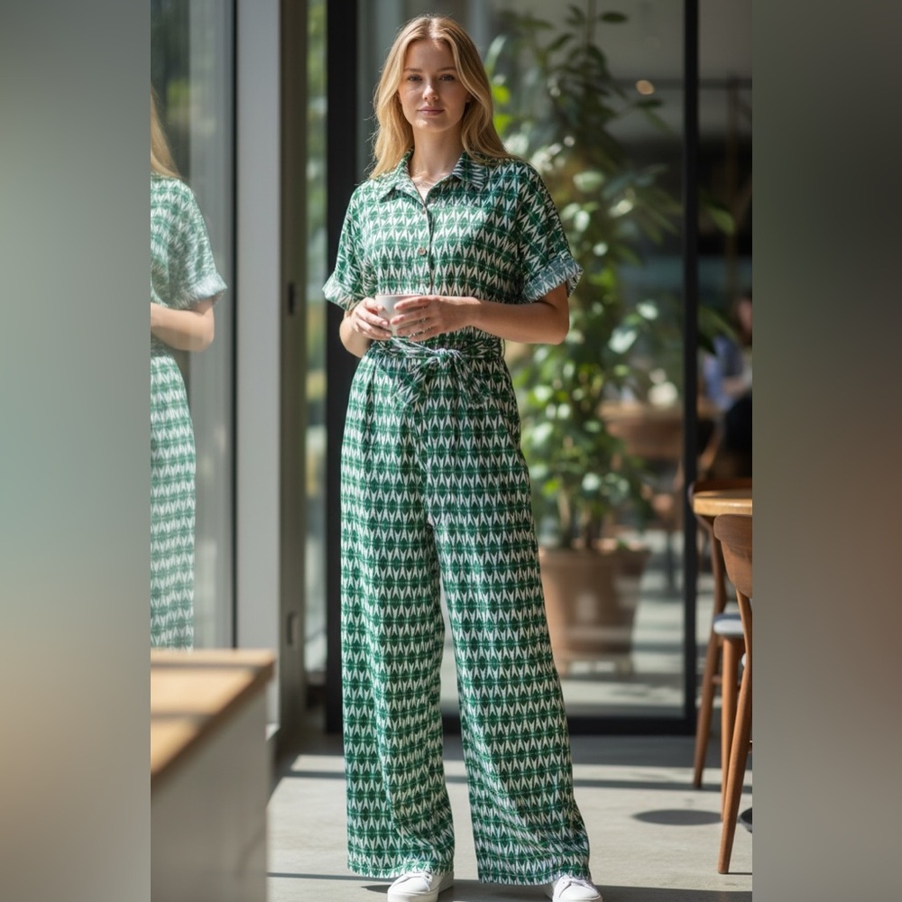 New York & Company Green Geometric Short-Sleeve Tie-Waist Jumpsuit